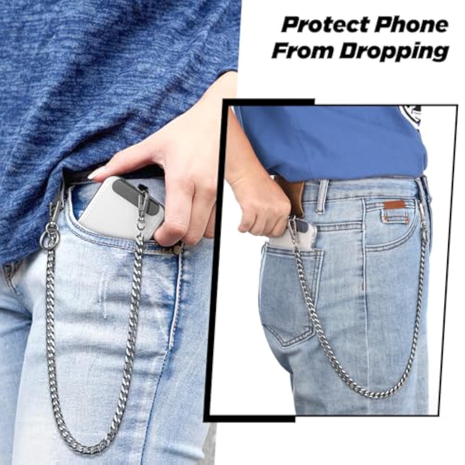 Anti Theft Phone Lanyard Belt, 19.6" Heavy Duty Metal Chain With 2 Pack Phone Patch For All Smartphones, Pants Chain For Wallets, Keys