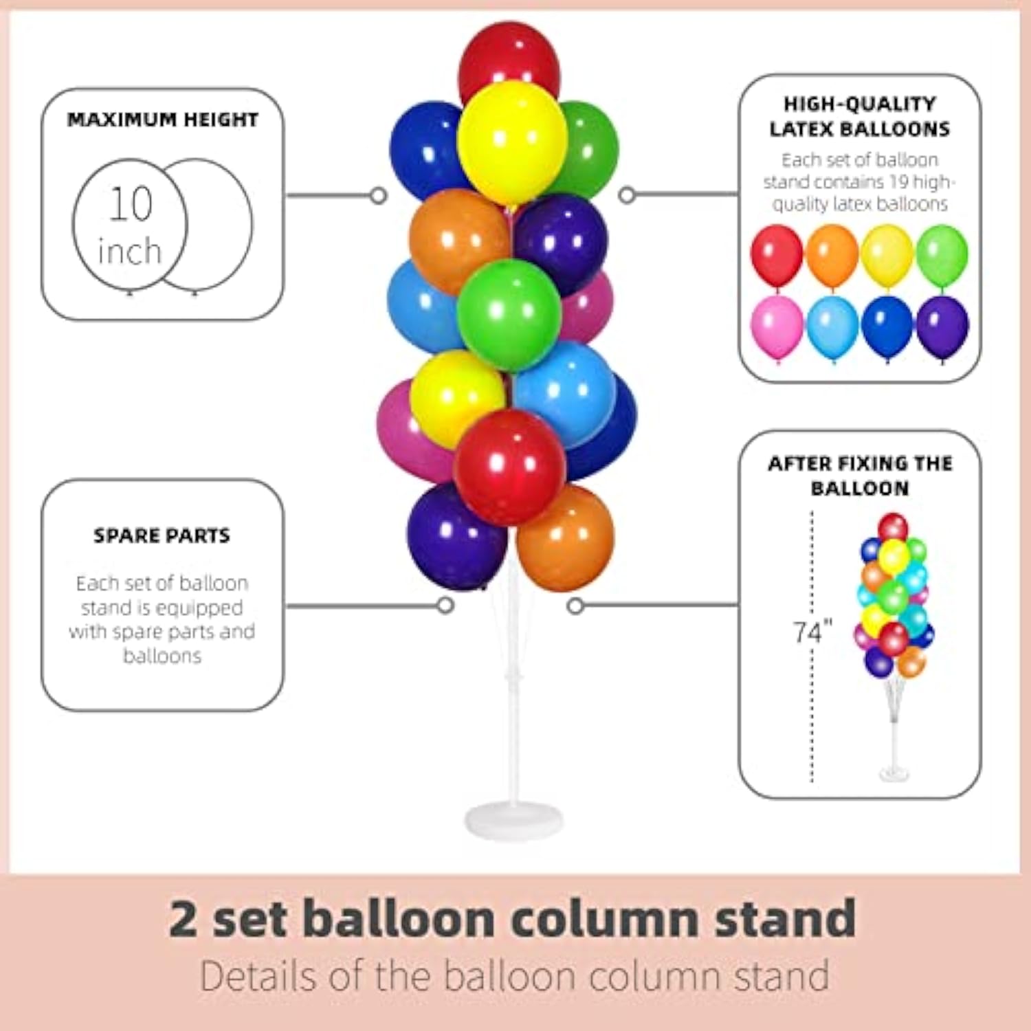 Balloon Column Kit Set Of 2 With Balloons Included - Balloon Stand With Base, And Pole,Balloon Tower Backdrop Decoration For Wedding, Baby Shower, Birthday Party, Or Bachelorette Parties (Rainbow)