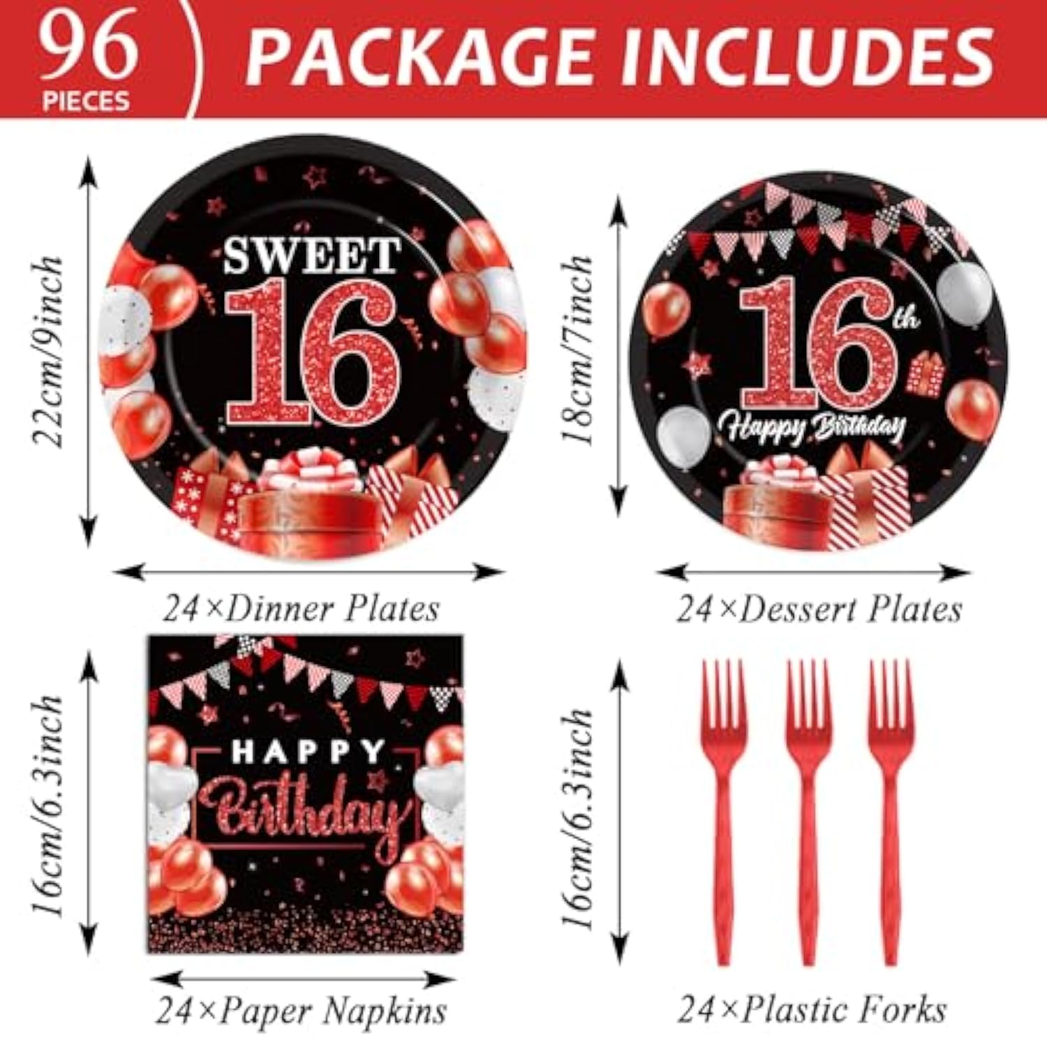 Sweet 16 Party Supplies: Red & Silver Decorations, 24 Guests (96 Pcs