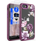 For Iphone Se 2022/2020 Case,Iphone 8/7 Case,With Tempered Glass Screen Protector Military Grade Drop Tested Hard Back & Soft Edge Slim Flower Women Girls Phone Protective Cover (Purple)