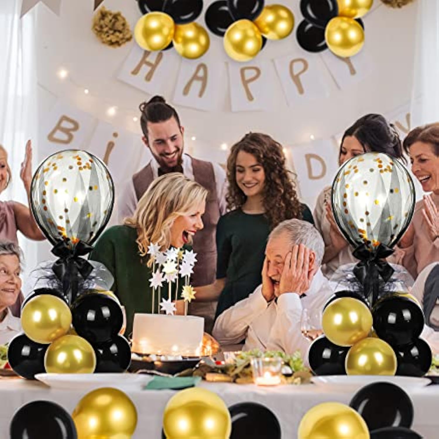 8 Set Table Centerpieces Balloons Stand Kit, 80 Pcs Latex Balloons And Table Stand Holder With Base Tulle For Wedding Birthday Baby Shower Party(Black, Gold)