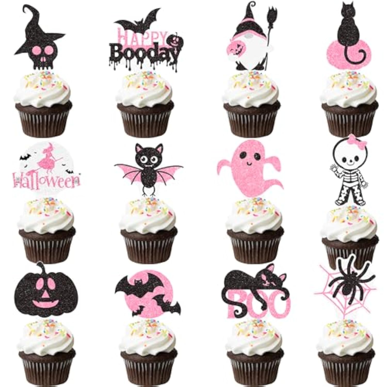 48Pcs Halloween Ghost Cupcake Toppers Pink Black Boo Pumpkin Bat Witch Picks