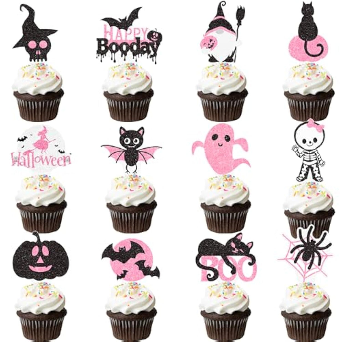 48Pcs Halloween Ghost Cupcake Toppers Pink Black Boo Pumpkin Bat Witch Picks