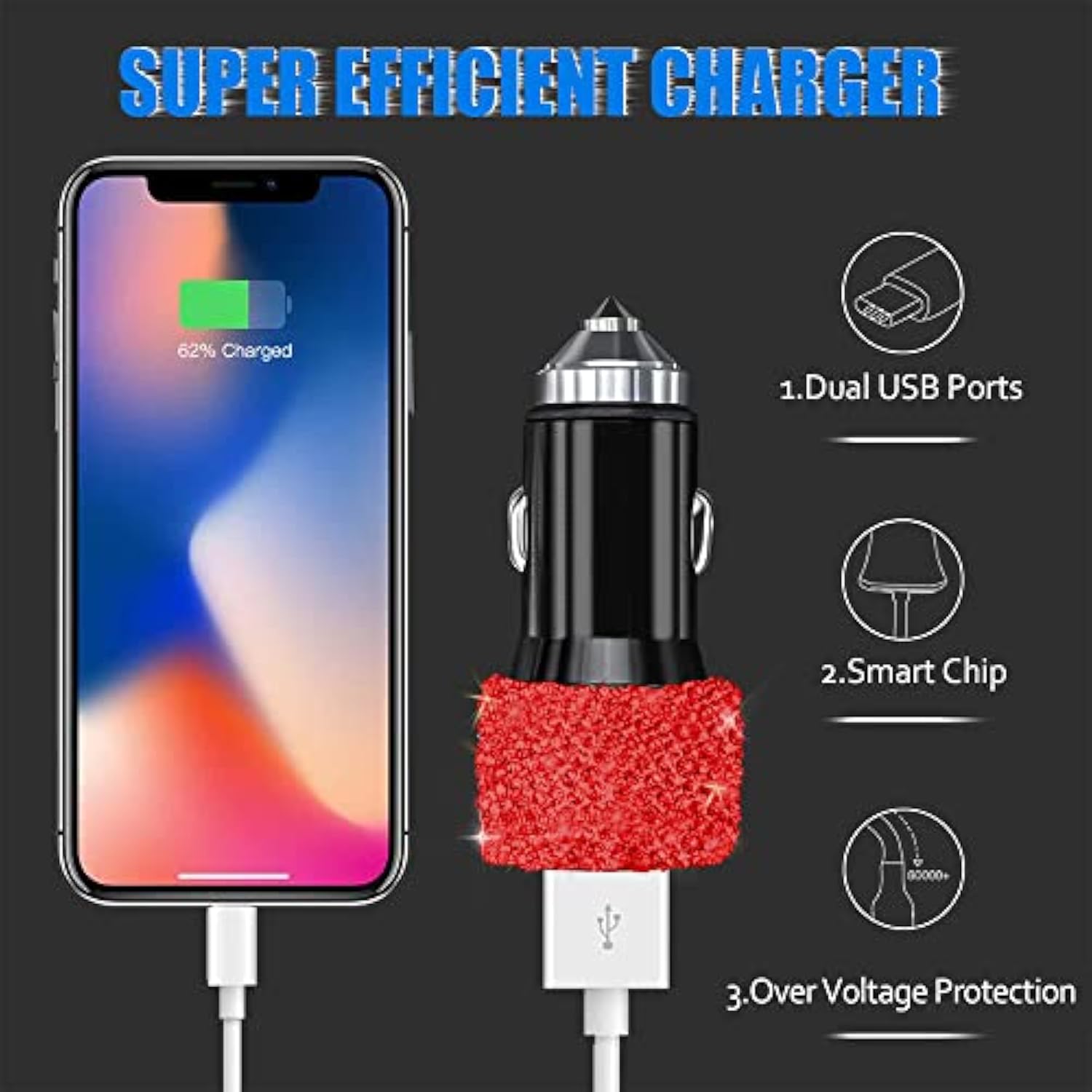 Dual Usb Car Charger, 5V/2.4A Bling Car Charger, Fast Charge Dual Port Usb Car Adapter, Compatible With All Chargers