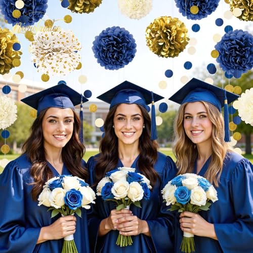 15 PCS Navy Blue Gold Tissue Paper Pom Poms for Men Birthday