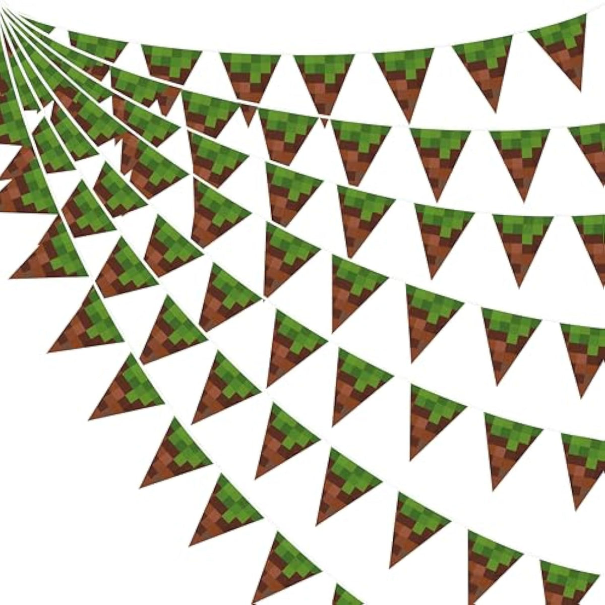 32Ft Pixel Miner Banner – Green & Brown Pennant Flag Garland for Gamer Parties