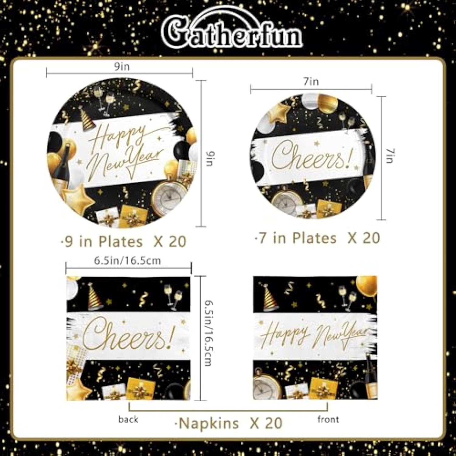 New Year Party Supplies with Plates, Napkins, Cups, Tablecloth, and Banner for 20