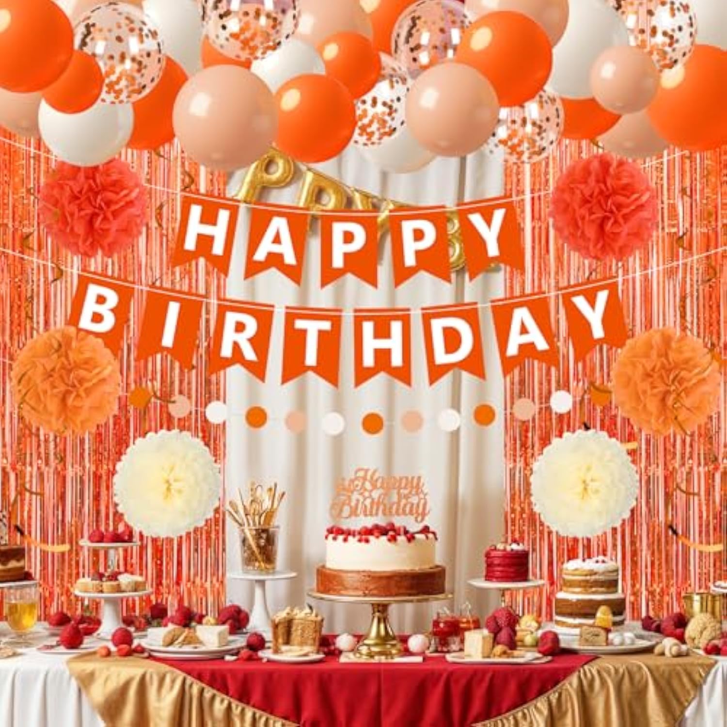 Orange Birthday Decorations Orange White Happy Birthday Banner Balloons Hanging Swirls Fringe Curtain Backdrop For Fall Autumn Harvest Thanksgiving Halloween Party Supplies