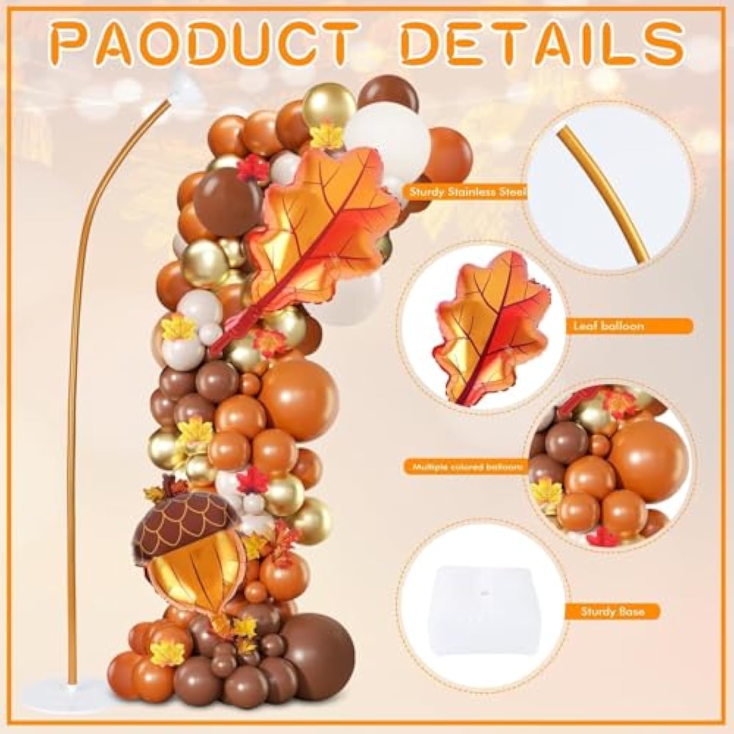 2 Set Fall Balloon Arch Kit Adjustable Column Stand with Pinecone Maple Leaf for Party