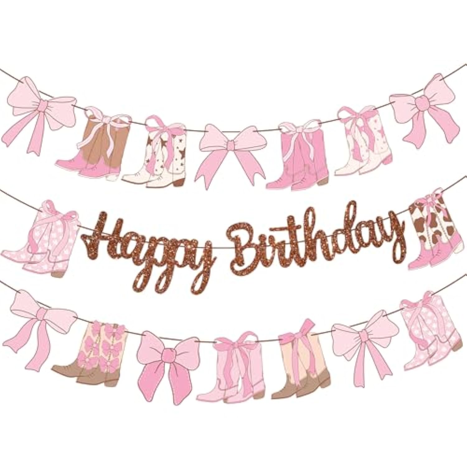 Cowgirl Boots Bow Banners 3Pcs Western Coquette Glitter Birthday Party Decor