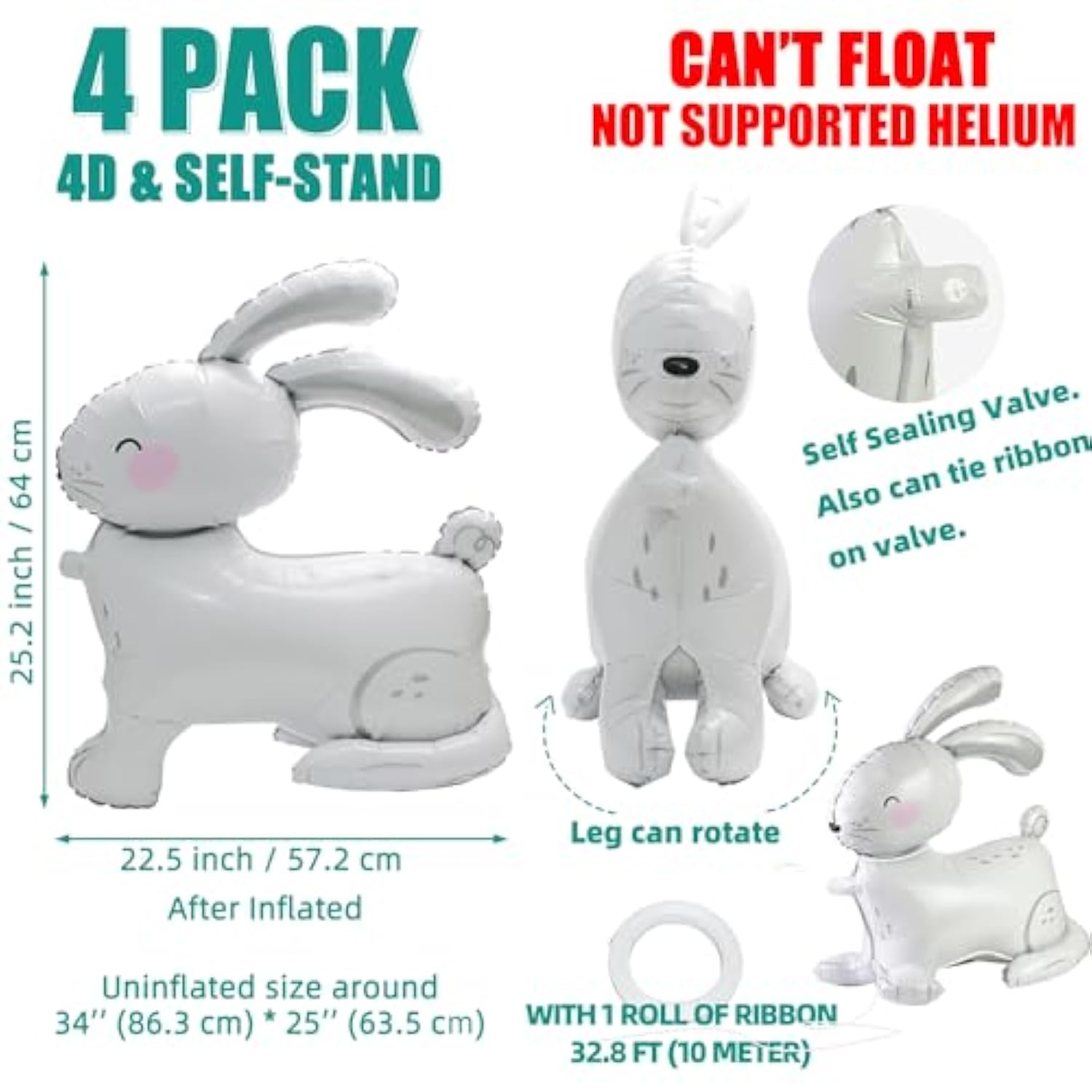4D Realistic Farm Bunny Airwalker Walking Animal Balloon Happy Easter Balloon Baptism Supplies, 4 Pack Self Stand Rabbit Mylar Balloons Safari Jungle Woodland Bunny Decoration For Baby Shower Birthday
