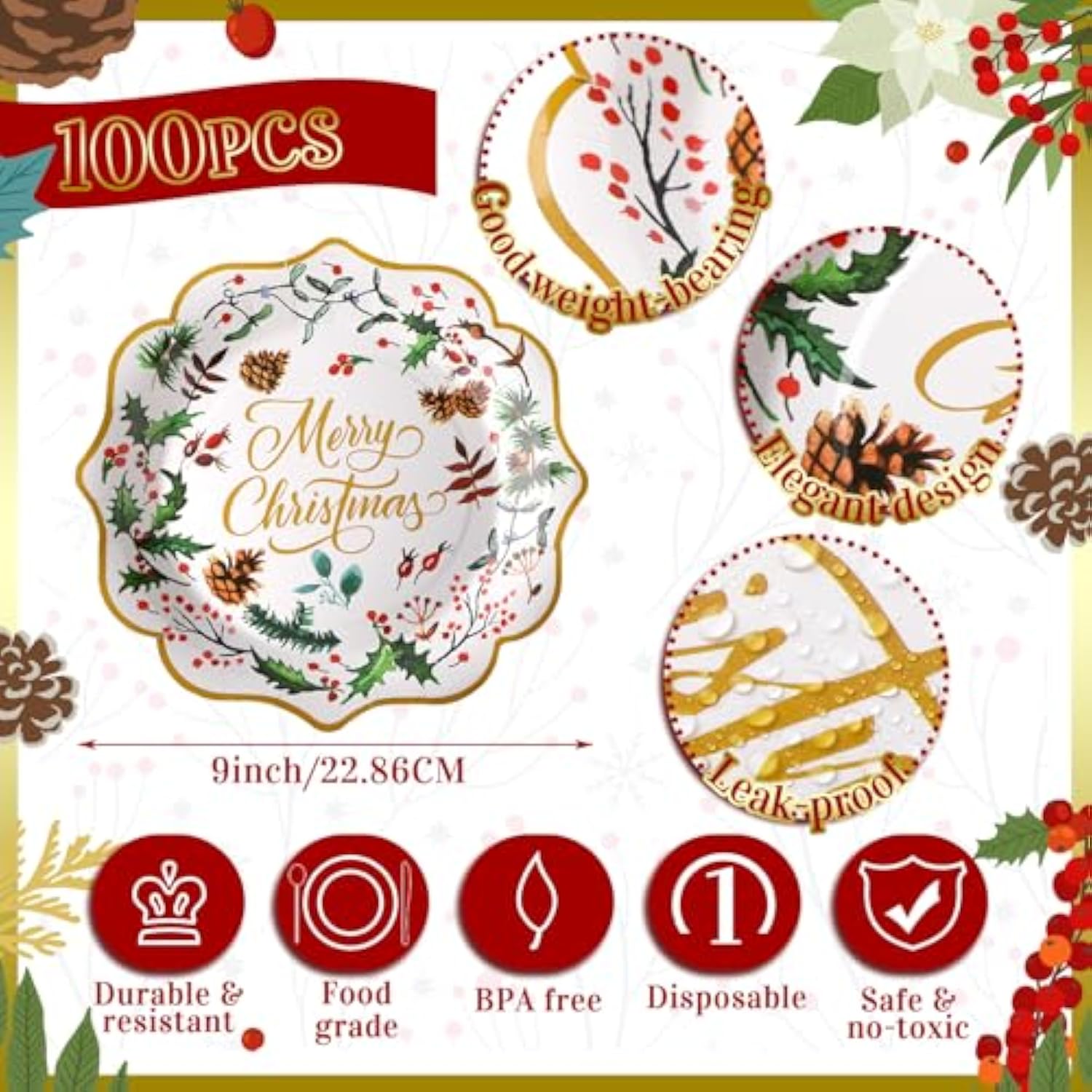 100 Pcs Merry Christmas Paper Plates Scalloped Edge 9 Inches Disposable Berry Holly Decorative Dinner Dessert Paper Plates For Winter Holiday Dinner Birthday Xmas Party Supplies