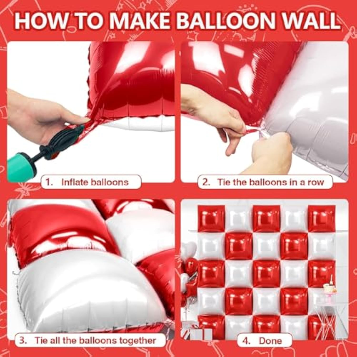 25Pcs Red White Square Foil Balloons Wall Double Backdrop Sided Red Pearl White Balloon Tunnel Arch Kit For Christmas Birthday Valentine'S Day Baby Shower Wedding Party Decorations