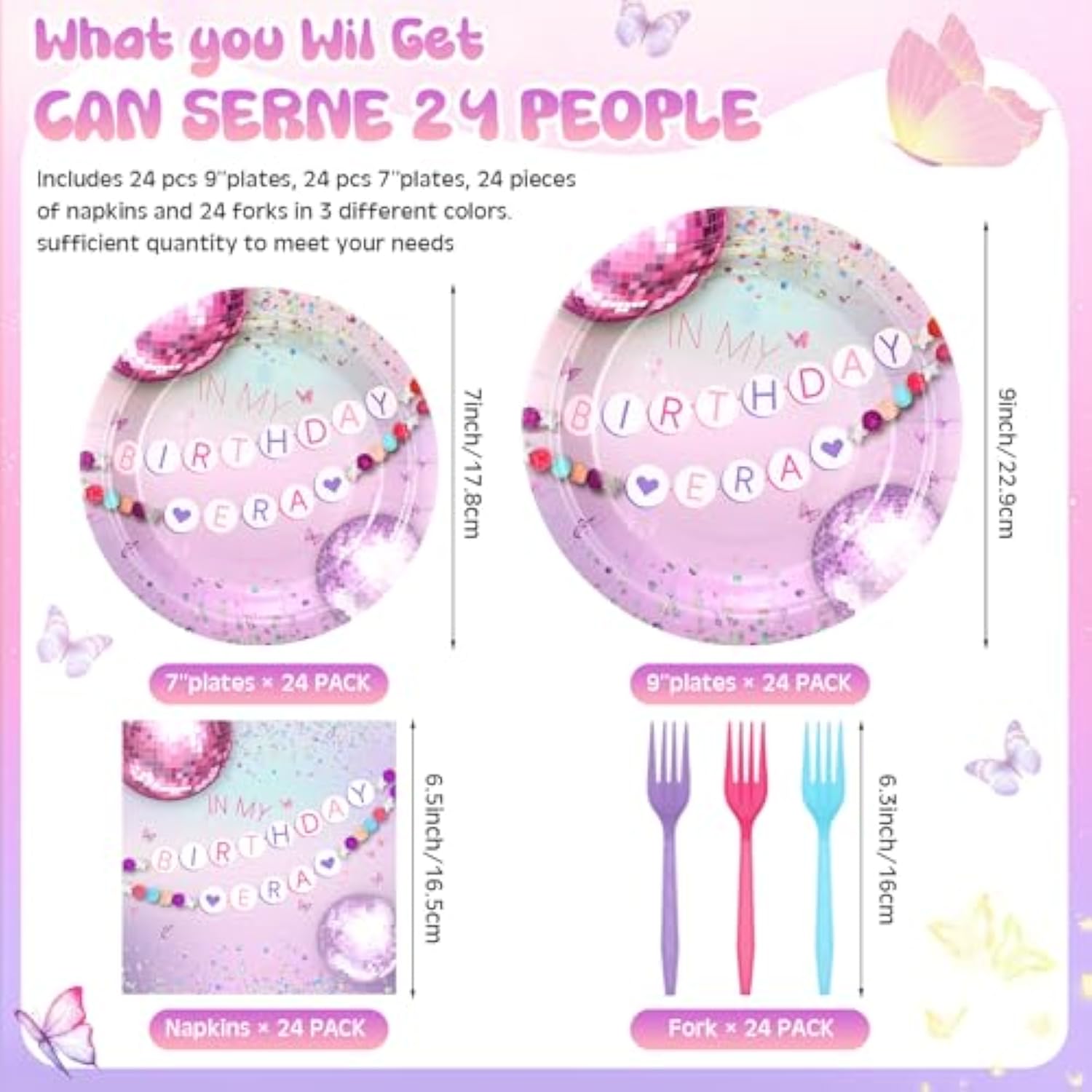 In My Birthday Era Party Tableware Set, 96 Pcs Disposable Paper Plates, Napkin, Fork, Music And Friendship Themed Party Supplies For Girls Women Birthday Decorations(Pastel Rainbow)