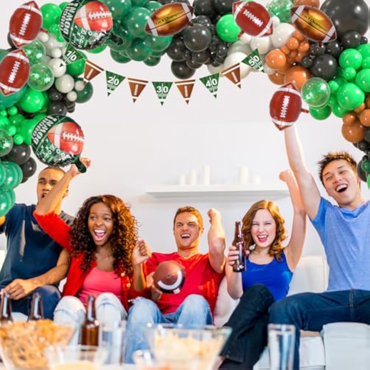 148Pcs Football Balloon Garland Arch Kit, Green Black Brown White Balloons With Foil Footballs, Mylar Stars, Tablecloth, Game Time Banner For Birthday,Super Bowl, Sports Party Decorations
