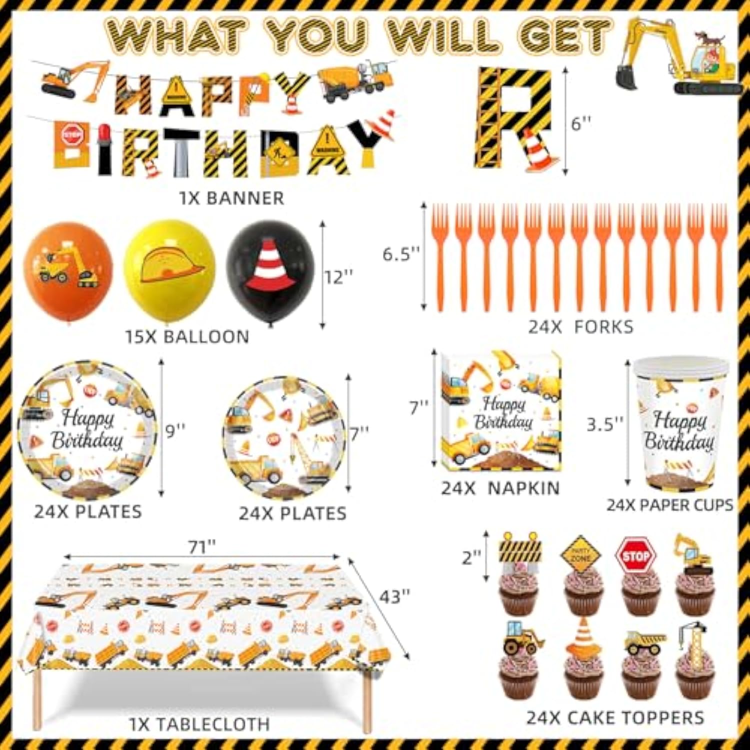 Construction Birthday Party Supplies For 24 Guests - Decorations Include Plates, Napkins, Cups, Tablecloth, Cake Toppers For Boys Construction Theme Birthday Party