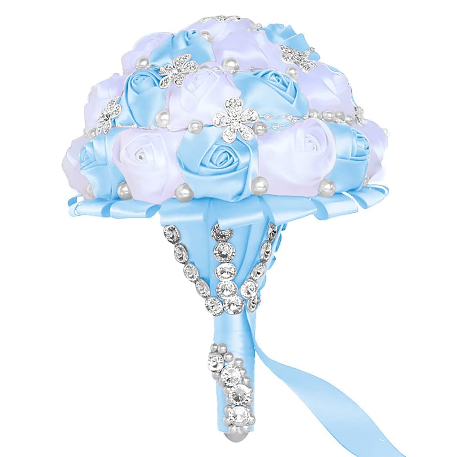 5.9 Inch Handmade Satin Rose Bridal Bouquet Toss Round Wedding Bouquet Throw Toss Artificial Flower Bunch Light Blue + White