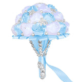 5.9 Inch Handmade Satin Rose Bridal Bouquet Toss Round Wedding Bouquet Throw Toss Artificial Flower Bunch Light Blue + White