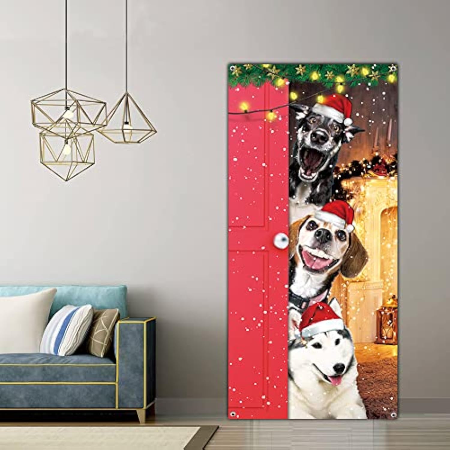 Funny Merry Christmas Door Cover - Large Cute Santa Dogs Banner For Front Door Decoration - Xmas Party Photography Background