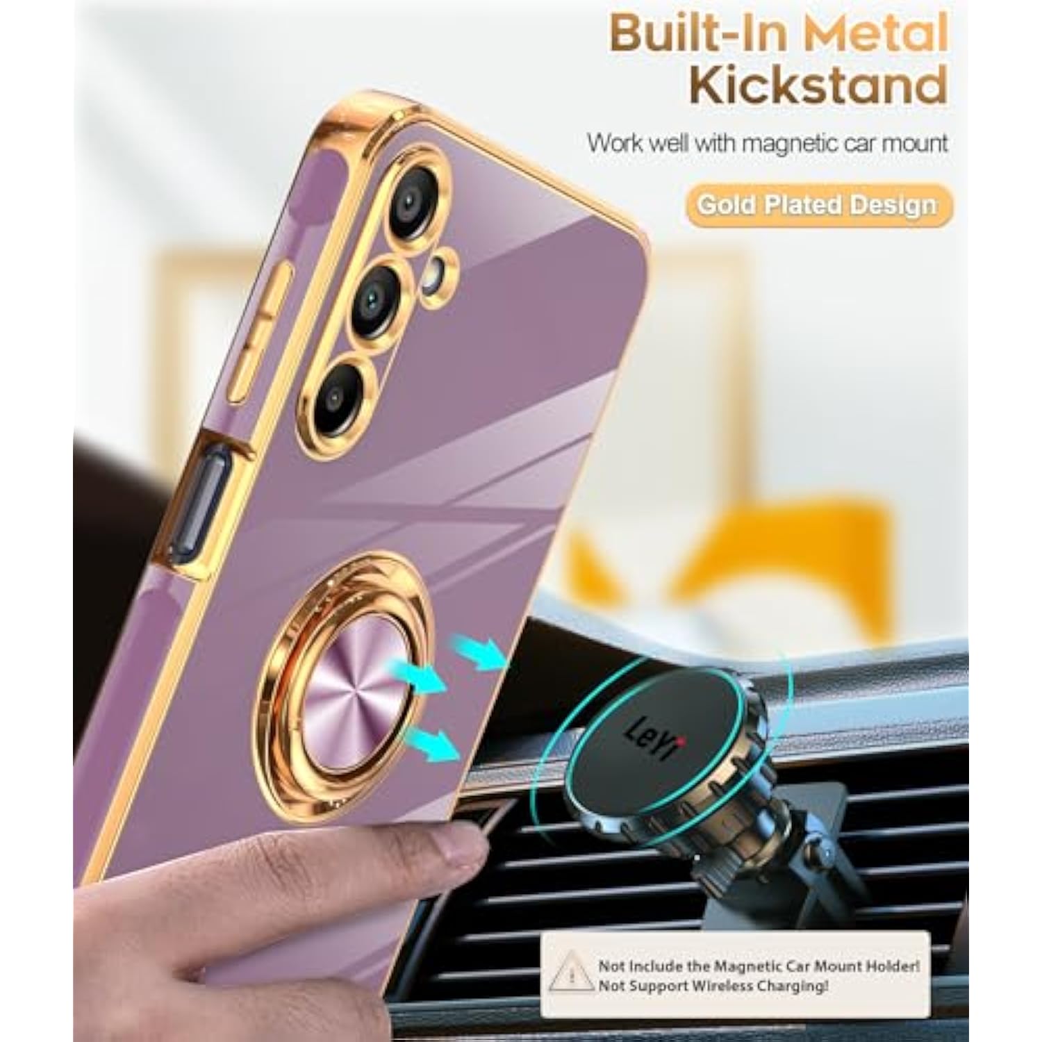 For Galaxy A155G Phone Case: With Tempered Glass Screen Protector [2 Pack] 360° Rotatable Ring Holder Magnetic Kickstand, Plating Rose Gold Edge For Samsung A 15 5G Case, Purple