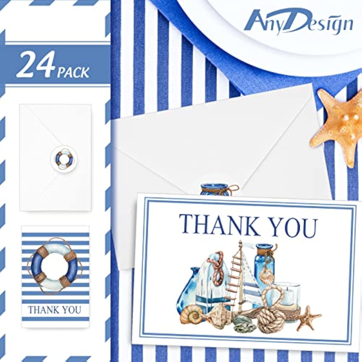 Cruise Staff Thank You Cards Set With Stickers Envelopes 24 Pack Blue Nautical Thank You Note Cards For Express Thanks To Ship Staff Birthday Baby Shower Party, 4 X 6 Inch