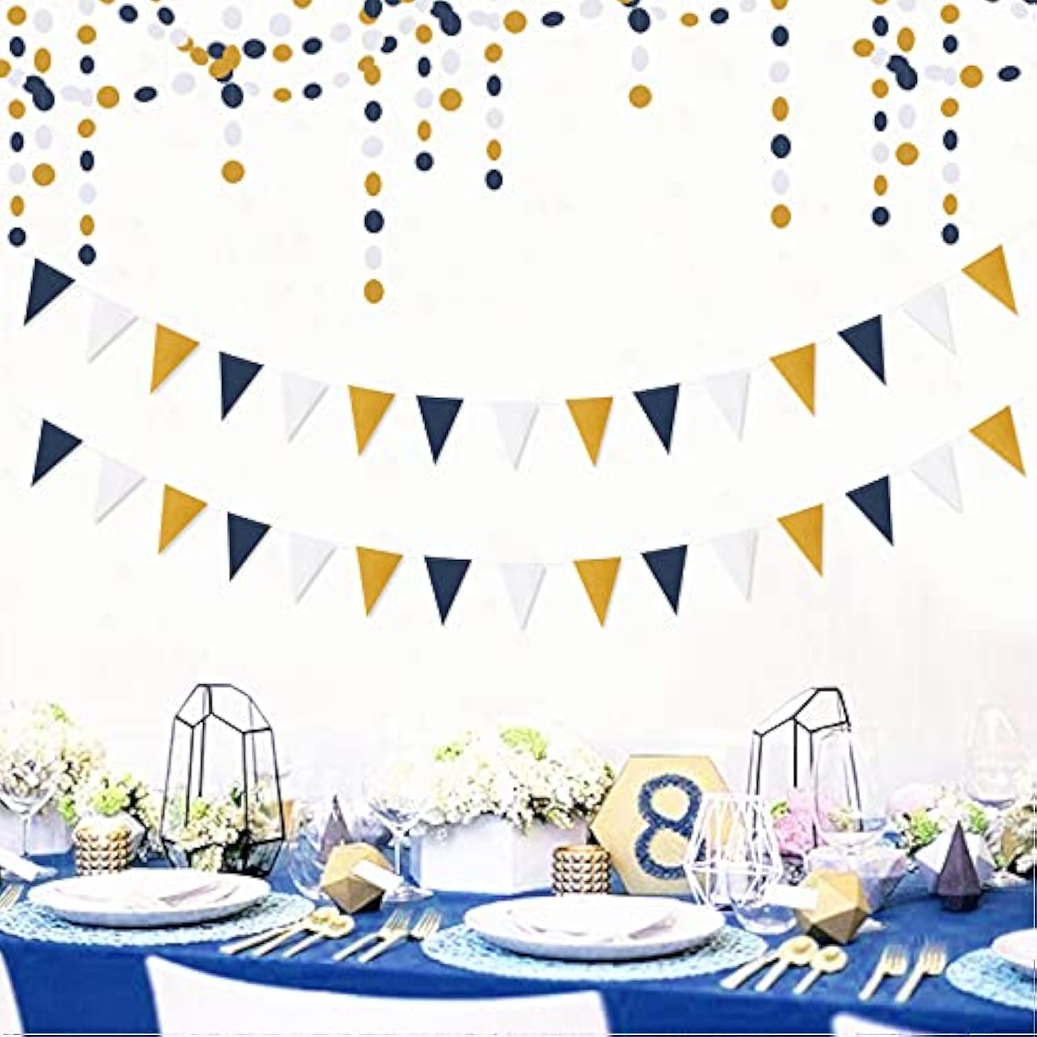 Navy-Blue White-Gold Party Decorations Banner - 2 Pack Men Birthday Graduation 2025 Glitter Sprinkles Paper Pennant Triangle Flags, Fathers Day Wedding Baby Bridal Shower Bunting