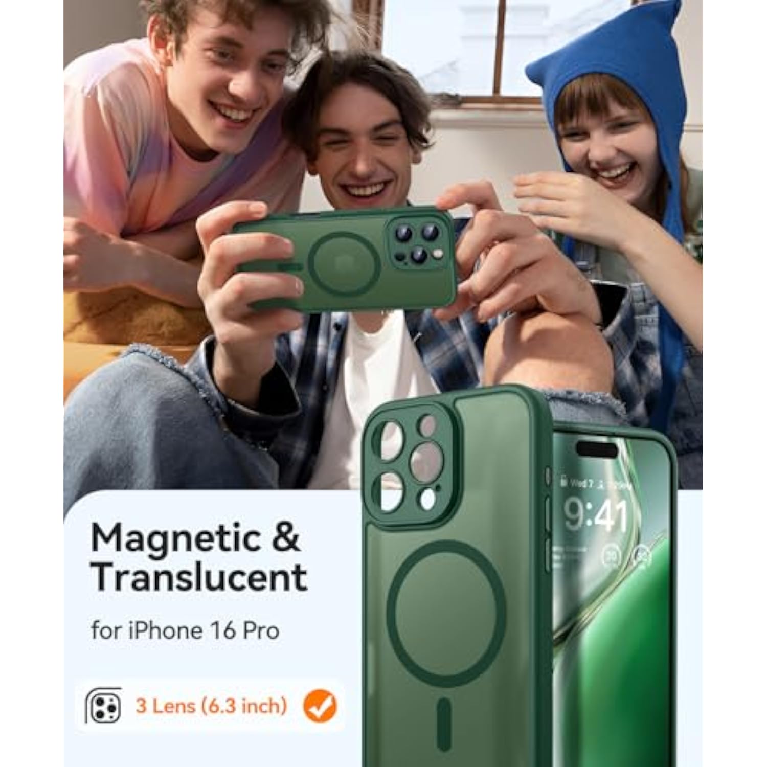 iPhone 16 Pro Case, Magnetic, Full Camera Protection, Magsafe, Shockproof, Deep Green