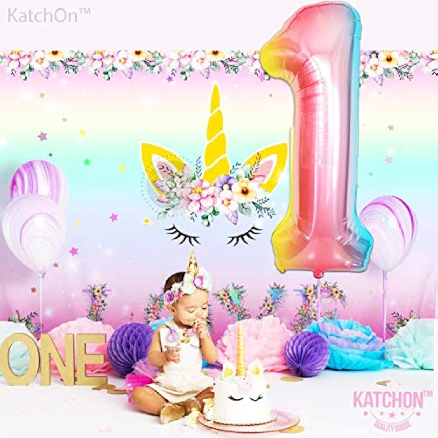 Giant 40 Inch, Rainbow Number 1 Balloons - Number One Balloon For First Birthday | Rainbow 1 Year Old Balloons | First Birthday Decorations