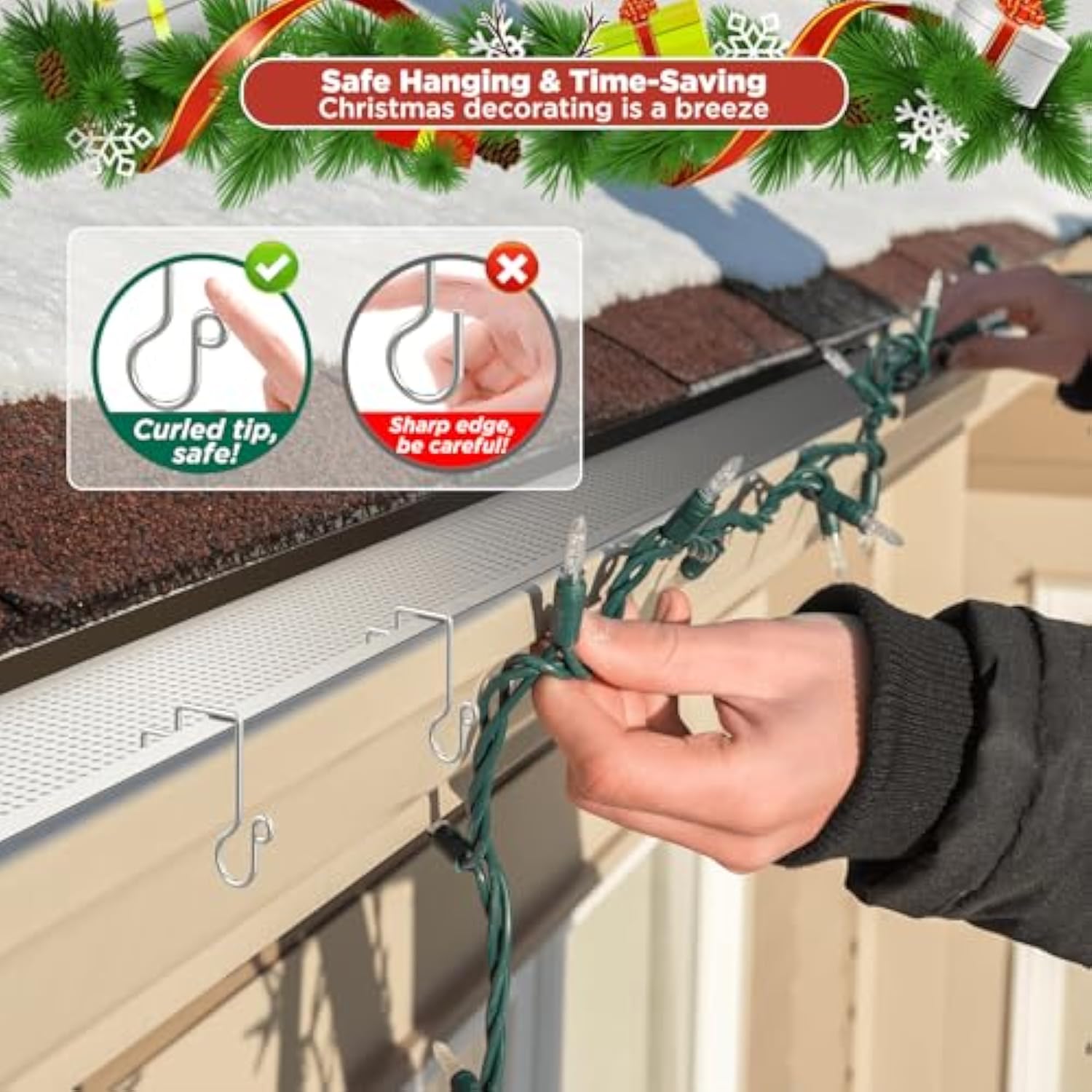 Christmas Light Hooks For Gutter Guards With Perforated Or Mesh, Stainless Steel Hanger Clips For Hanging Outside Christmas Lights Strings, Outdoor Windproof Anti-Slip Metal Hooks (60)