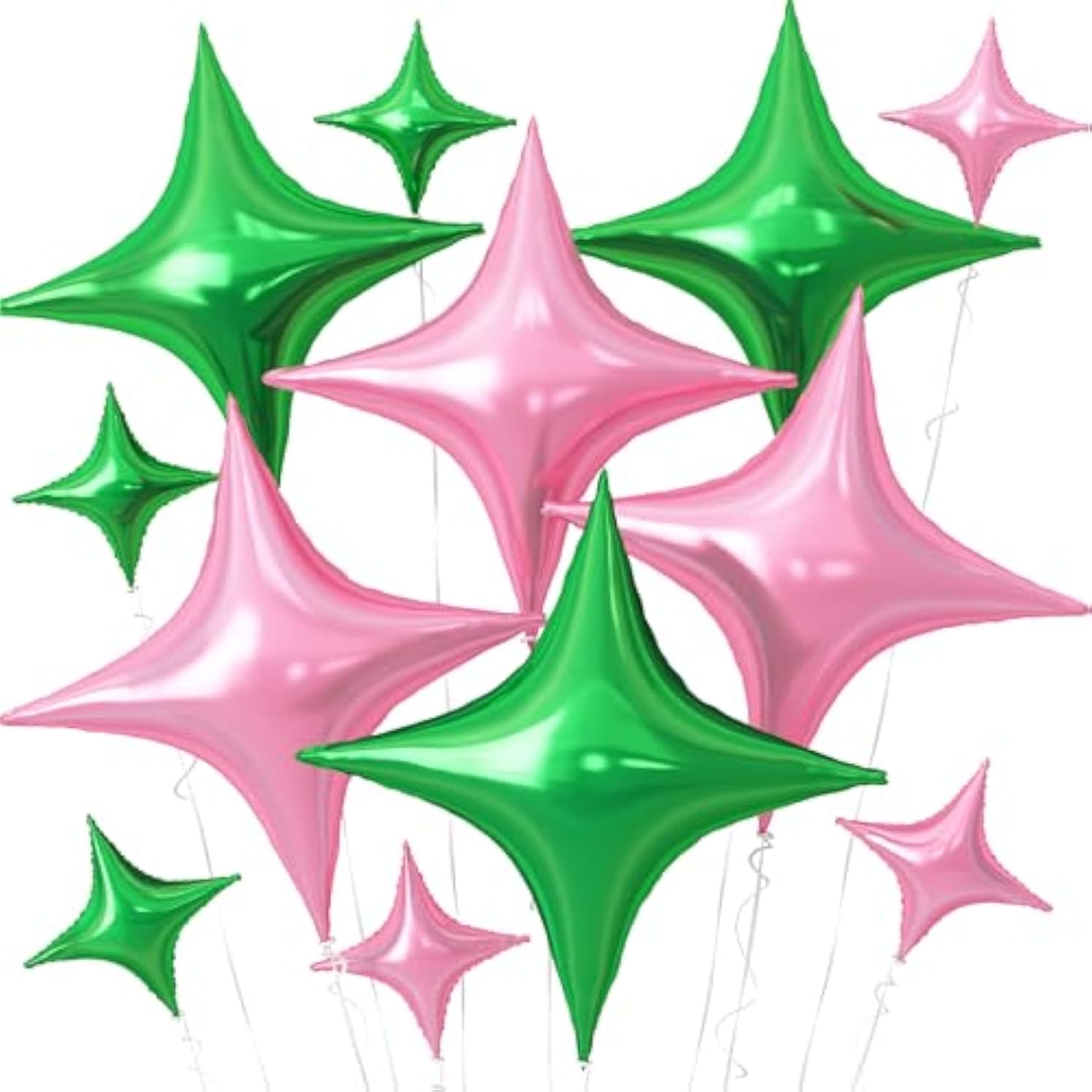 Pink Green Balloons,12Pcs Four Angle Star Foil Balloons,26Inch And 10Inch Pink Green Quadrangle Star Helium Polyester Film Balloon For Witch Birthday Anniversary Party Decorations