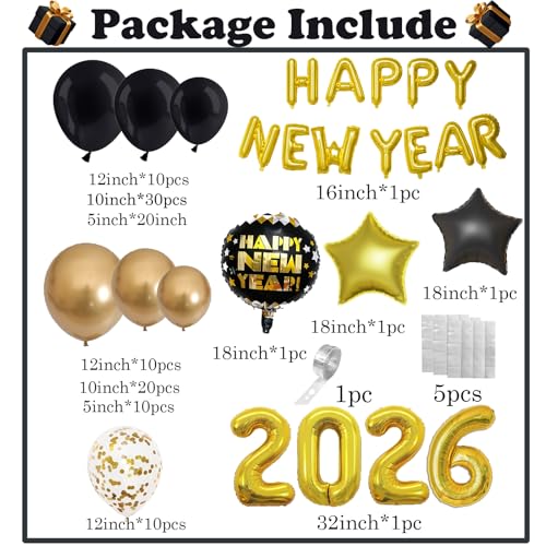 New Year Decorations 2026 with Black Gold Balloons Garland,Happy New Year Foil Balloon Banner, 32 Inch 2026 Number And Star Foil Balloons For 2026 Eve Decorations