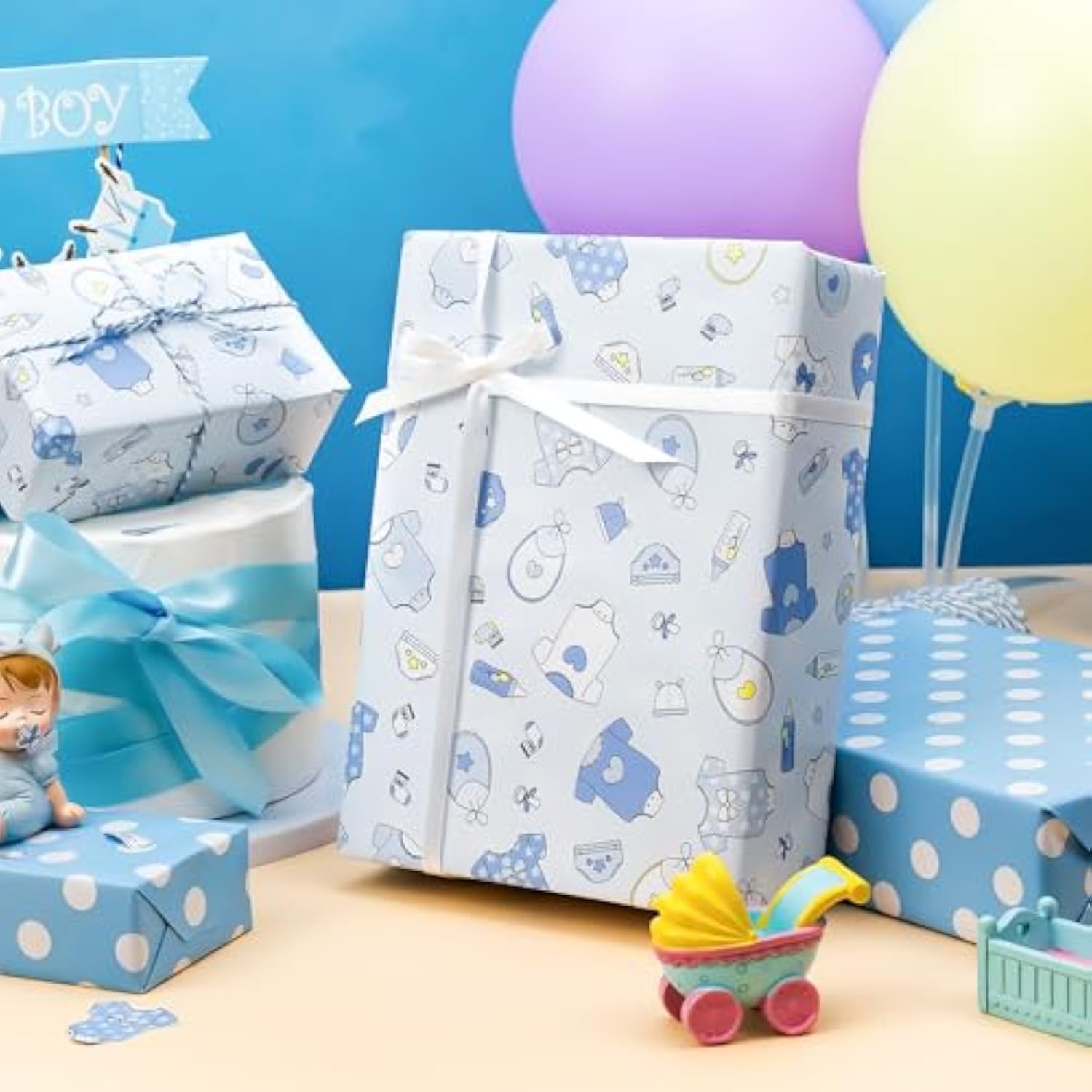 Newborn Baby Wrapping Paper Roll - 17Inch X 33Feet - Cute Baby Blue Boy Snapsuit And Bottles Design Gift Wrap Baby Shower Presents Sheet For New Baby, Birthday, Celebration And Party