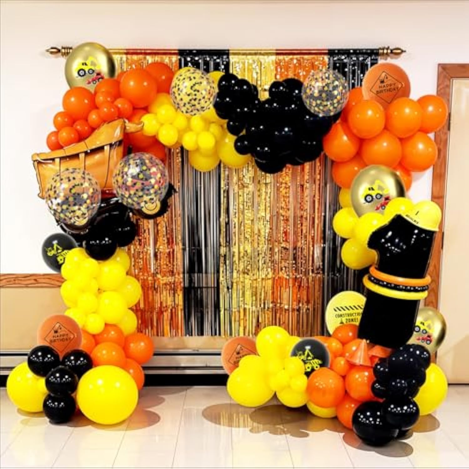 Construction Balloons, 12 Inch Gold Black Yellow Orange Confetti Balloons For Kids Boy Baby Shower Construction Themed Birthday Truck Party Graduation Supplies