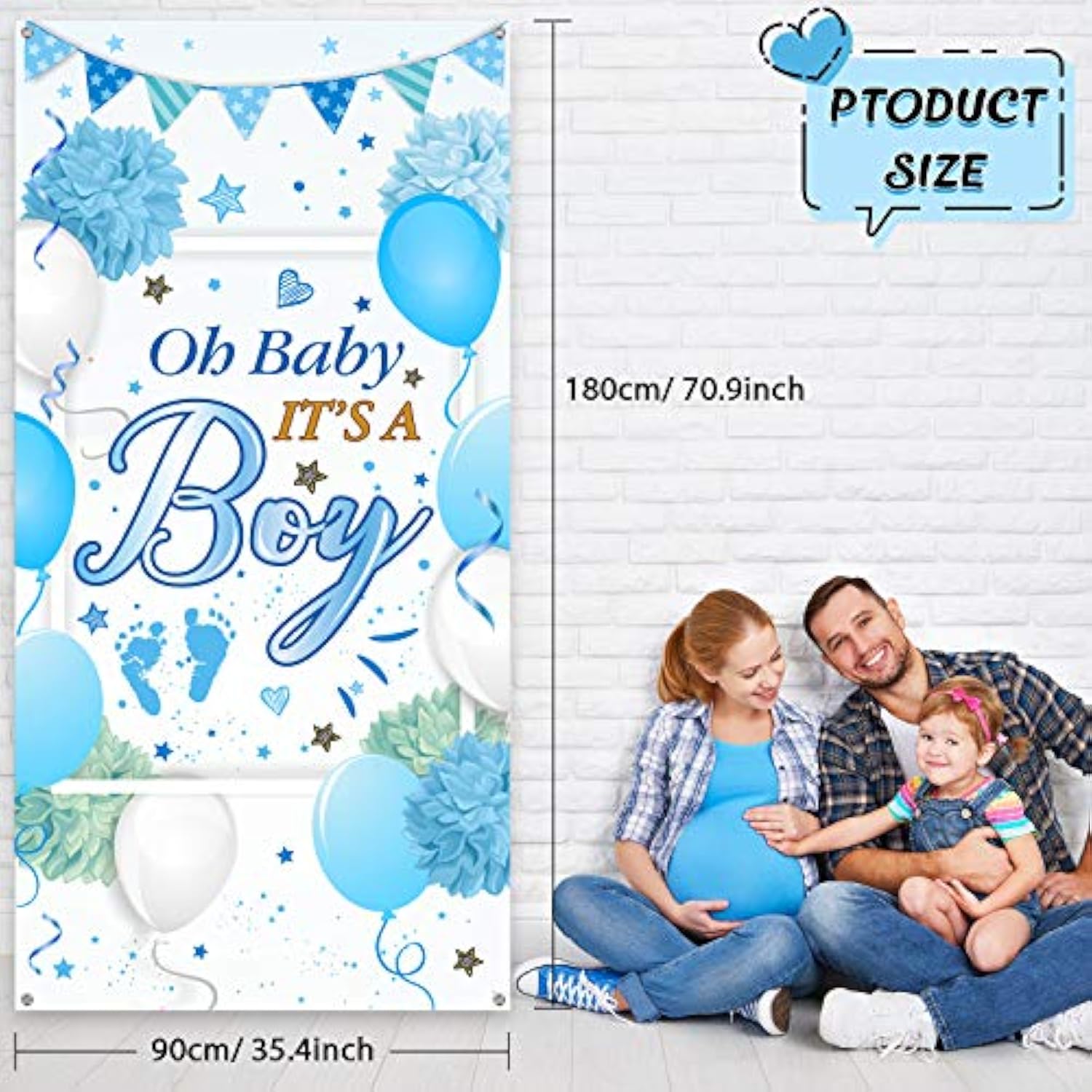 Baby shower welcome banner and blue photo backdrop 70x35 inch for party decor