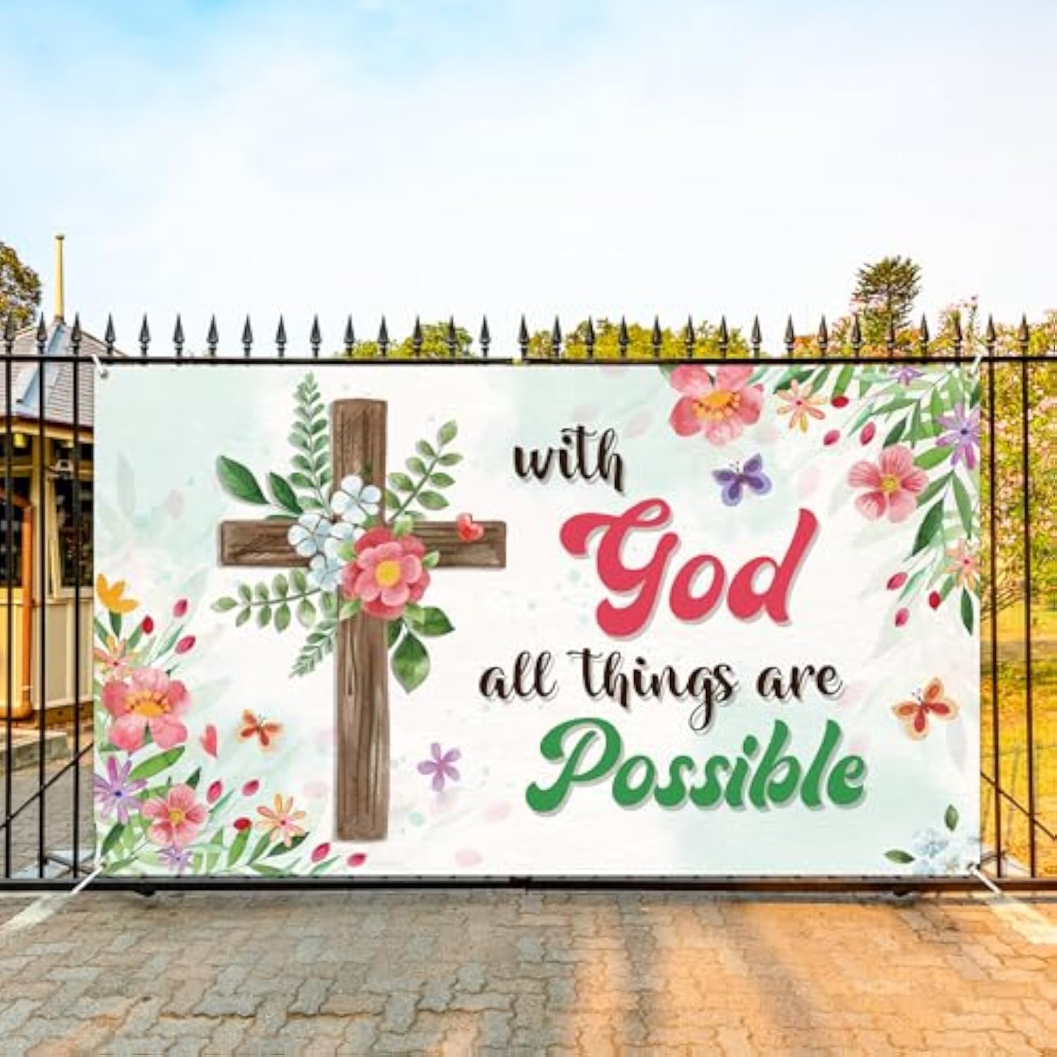 Extralarge With God All Things Are Possible Spring Christian Backdrop Banner Decorations Spring Flower Butterfly Religious Bible Cross Background Supplies For Home Office Background Wall Decor