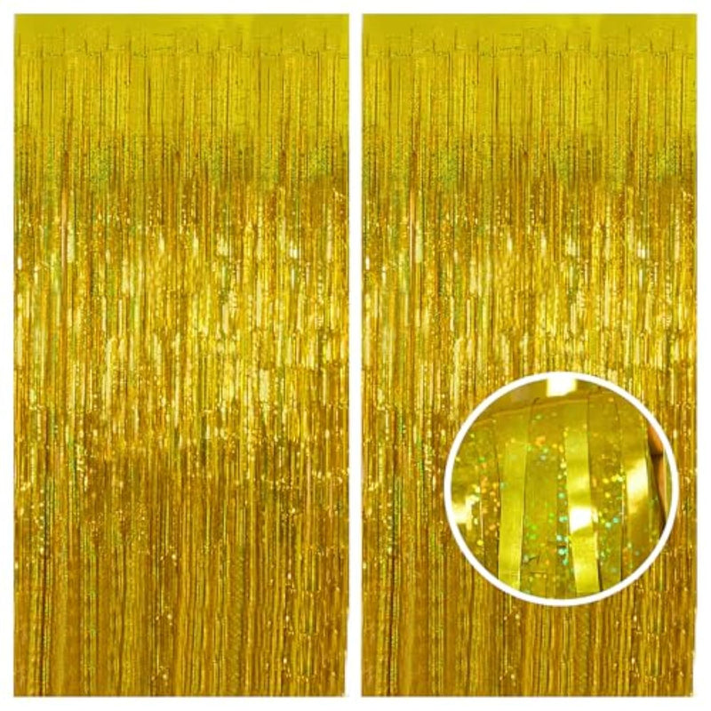 Gold Foil Curtain, 2 Pack 3.2 Ft X 8.2 Ft Tinsel Foil Fringe Curtains Backdrop, Sparkle Metallic Foil Fringe Curtains For Class Of 2025 Retirement Fathers Day Decorations Photo Booth Props