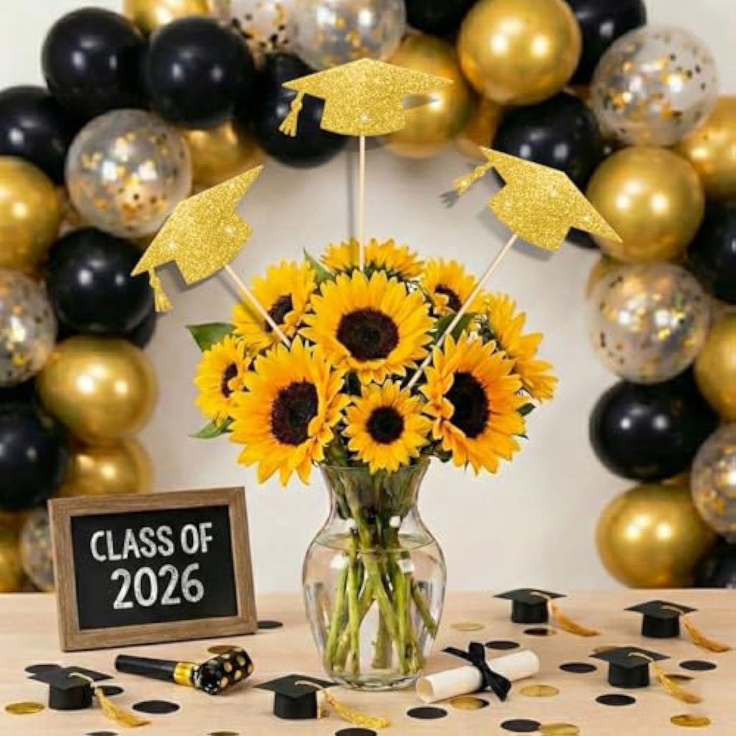 12 Pieces Double Sided Glitter Graduation Centerpiece Sticks, Grad Caps Centerpiece Sticks For Class Of 2026 High School College Graduation Party Gold