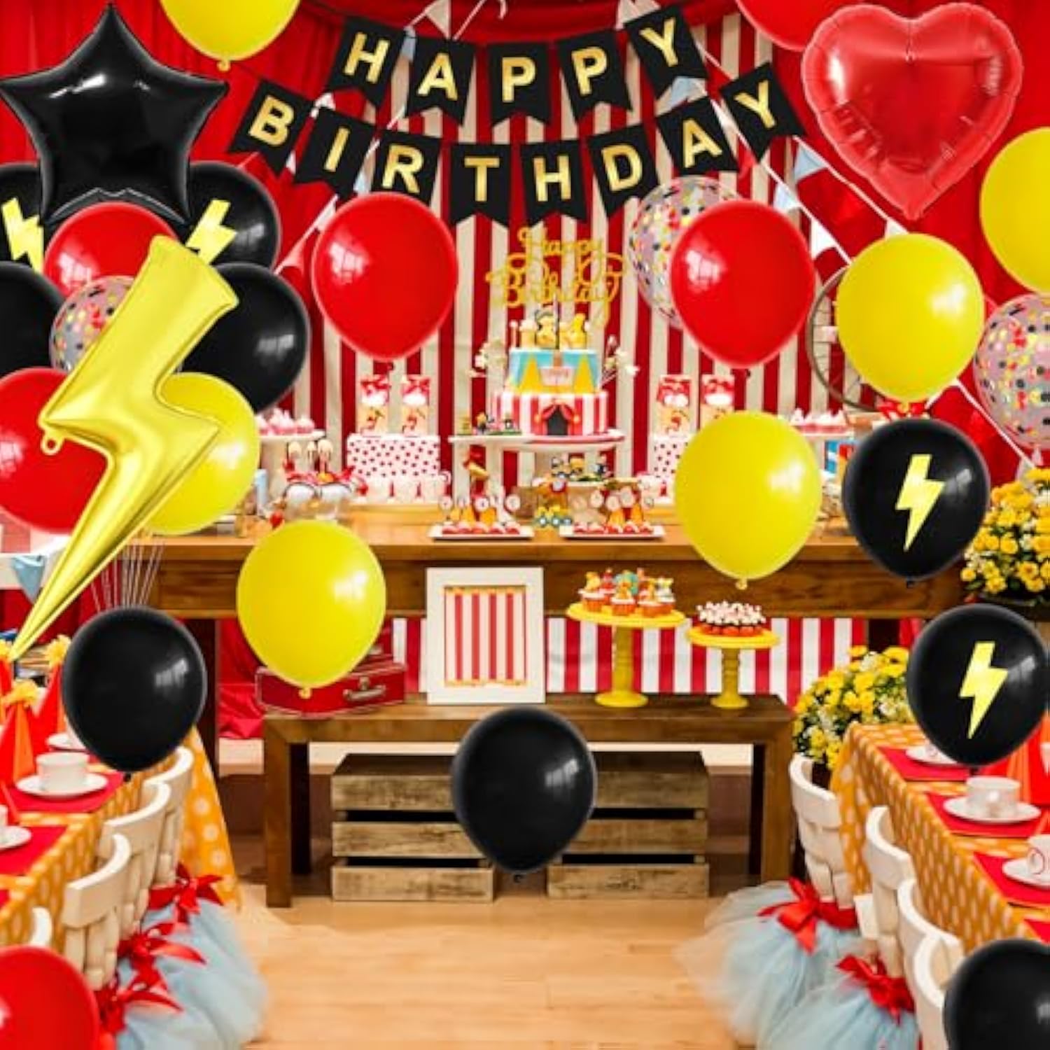 Red Black Yellow Birthday Decorations For Boys,Cartoon Birthday Party Balloons With Star Heart Foil Balloons Banner Cake Topper For Kids Game Theme Party Decor