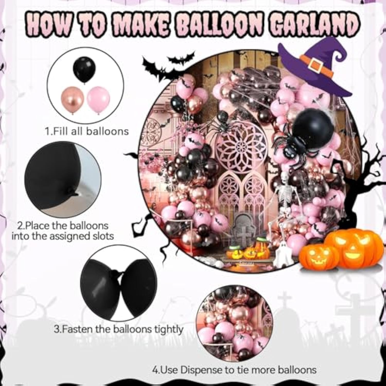 Halloween Balloon Arch Kit – Black Pink Rose Gold with Spider & Bat Decorations