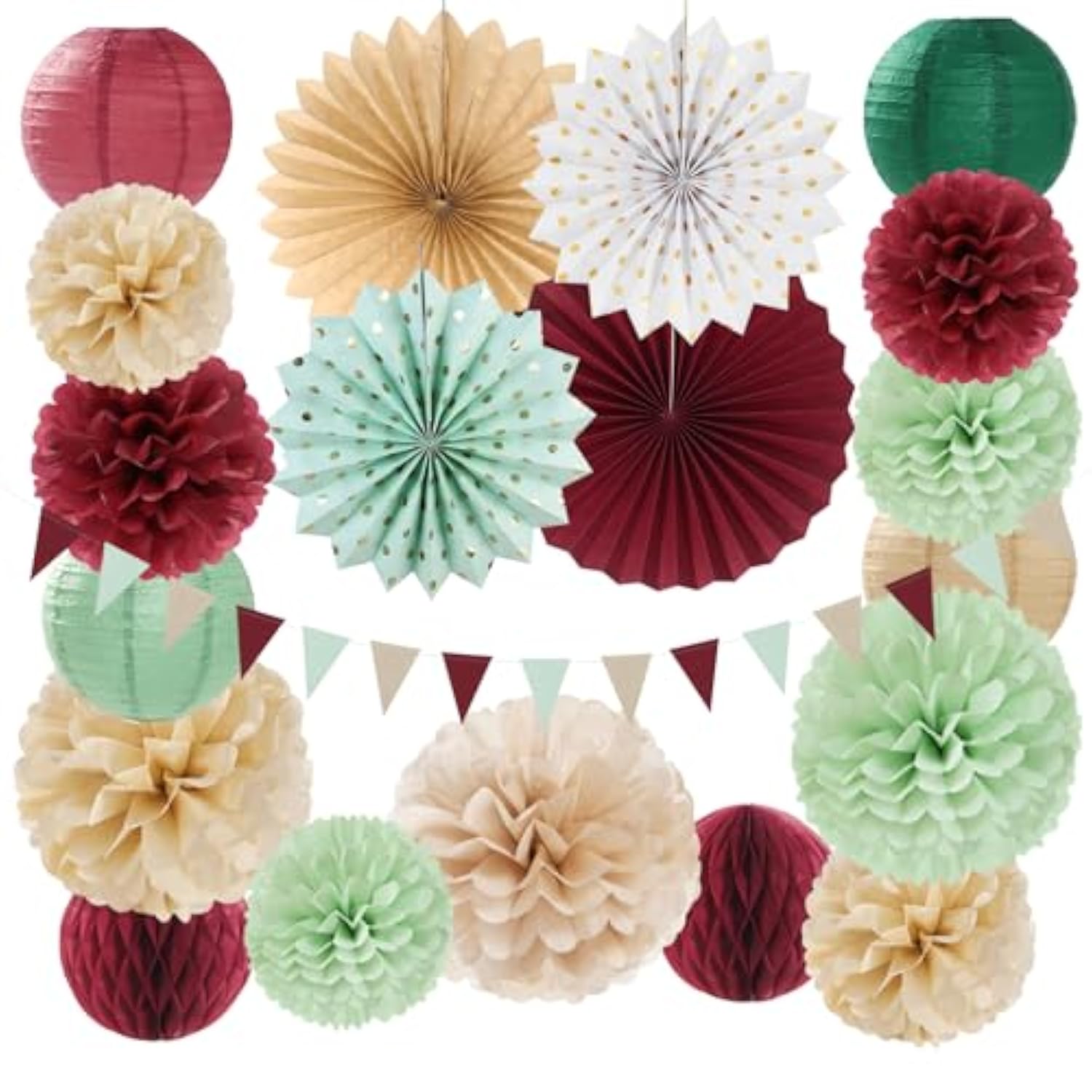 Sage-Olive Green Burgundy-Champagne Boho Party-Decorations - 20Pcs Birthday Paper Lanterns Fans,Tissue Pom Poms,Honeycomb Balls,Bunting,Christmas Bridal Baby Shower Wedding Engagement Decor