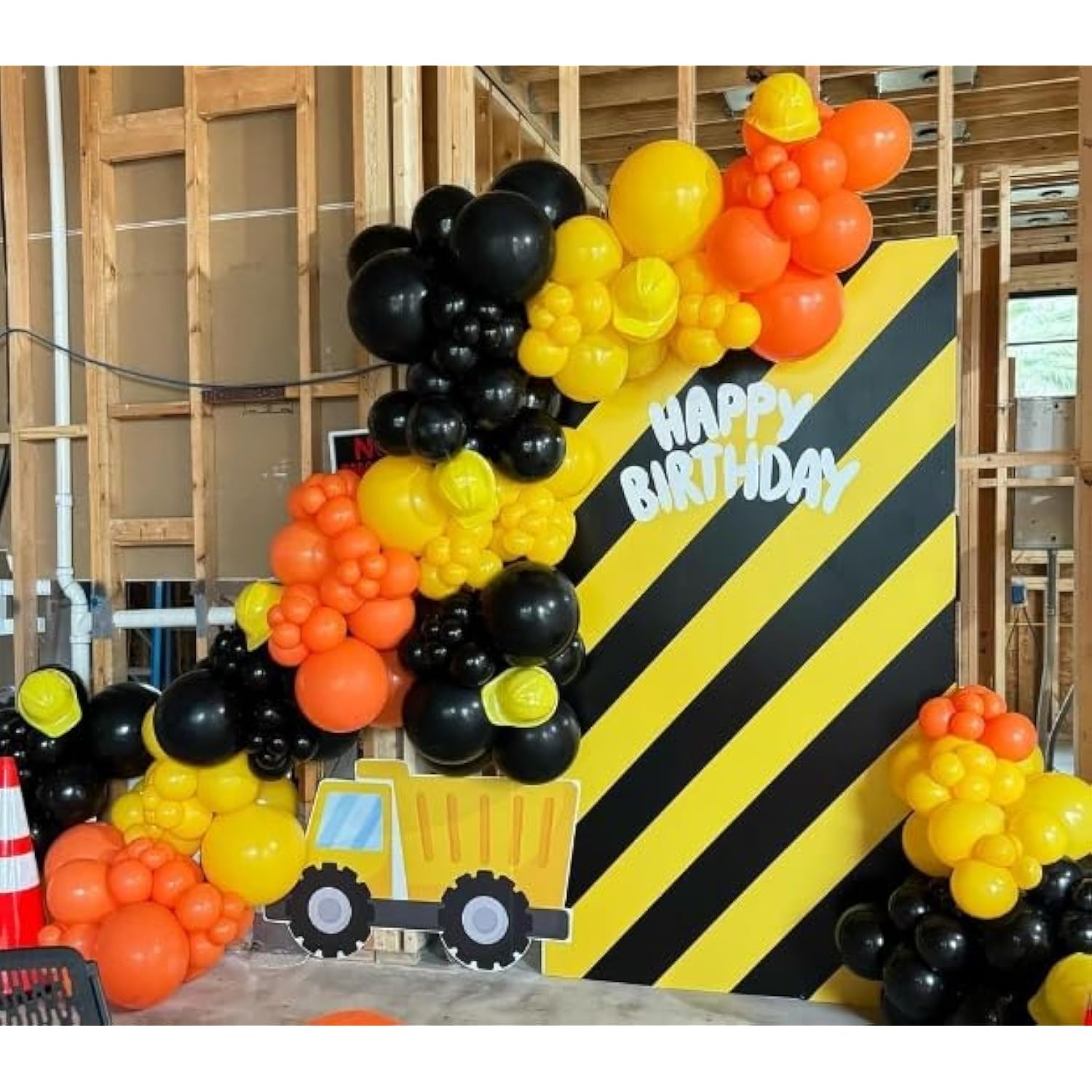 Construction Balloons, 12 Inch Black Orange Yellow Balloons,Excavator Helmet Warning Printed Latex Balloons For Construction Party Birthday Truck Theme Baby Shower Boys Party Supplies