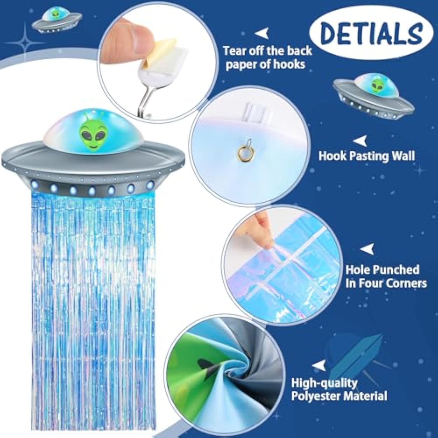 Alien Birthday Party Decorations Door Curtain With Foil Fringe Tinsel Spacecraft Flying Saucer Spaceship Hanging Banner For Alien Halloween Party(Golden Blue)