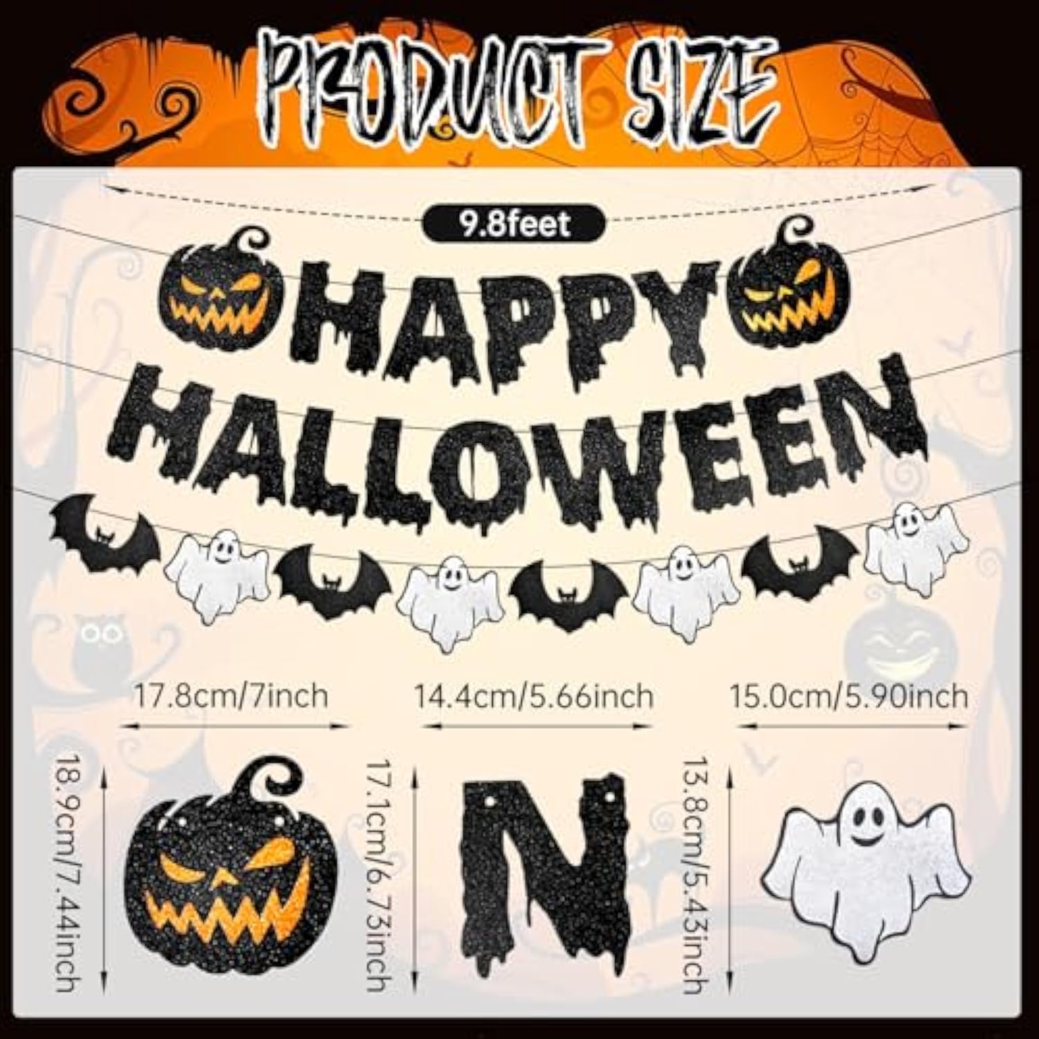 Black Glitter Halloween Banner: Spooky Pumpkin, Ghost & Bat Garland