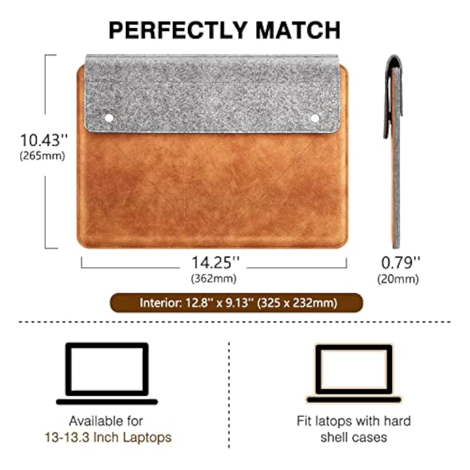 MoKo 13-13.3 Inch Laptop Sleeve Fits MacBook Pro 13" M2/M1, MacBook Pro 14", MacBook Air 13.3", iPad Pro 12.9", Surface Pro 9/8 13", Felt & PU Leather Case Bag with Pocket, Gray&Brown