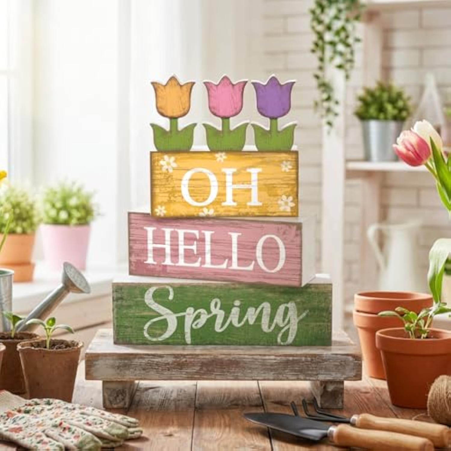 9 Pcs Easter Table Decoration Wooden Pastel Block Sign Reversible Bunny Tulip Centerpieces Farmhouse Double Side Spring Easter Tiered Tray Decor For Home Kitchen Office Desk