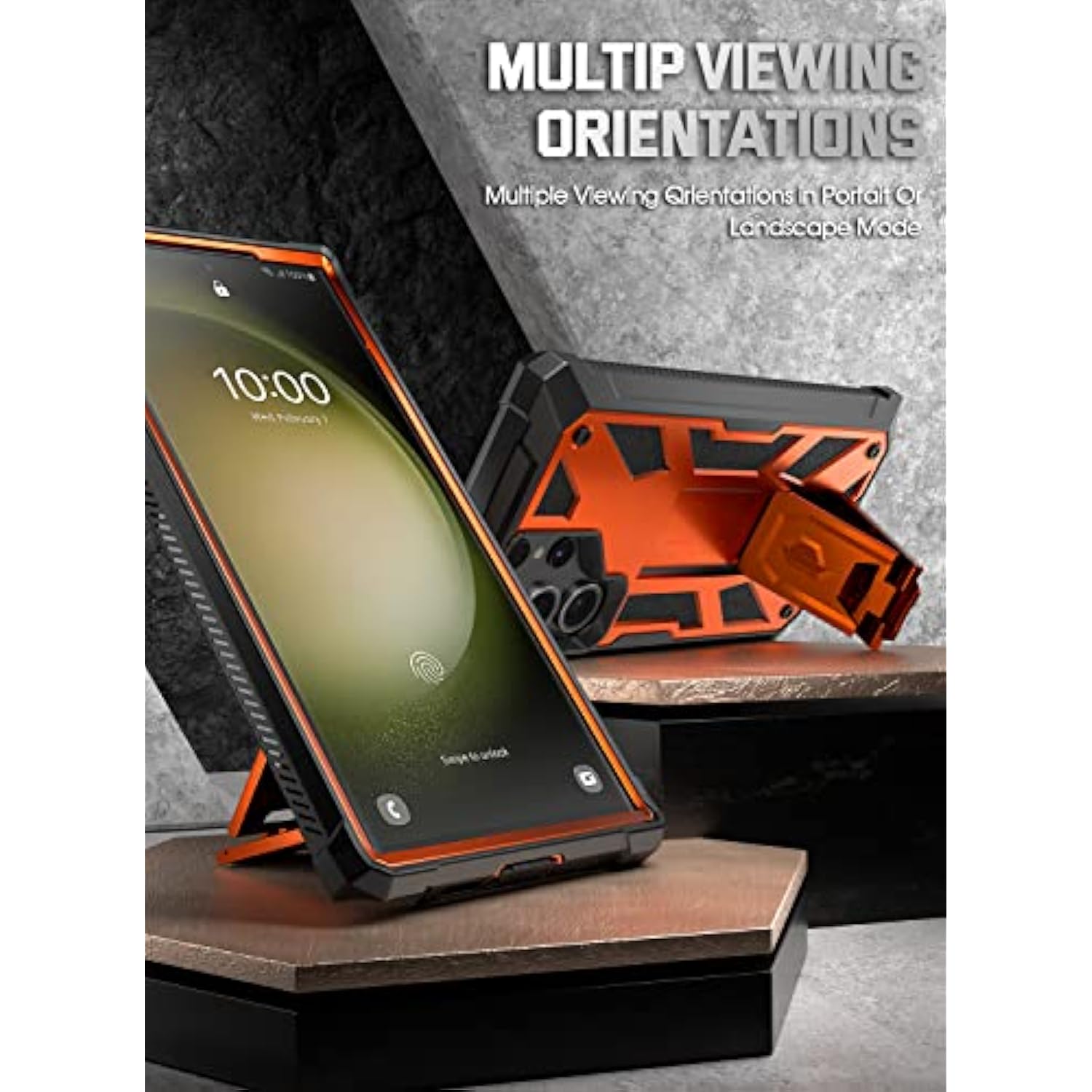 Spartan Case For Samsung Galaxy S23 Ultra 5G 6.8 Inch, Built-In Screen Protector Work With Fingerprint Id, Full Body Rugged Shockproof Protective Cover Case With Kickstand, Metallic Orange