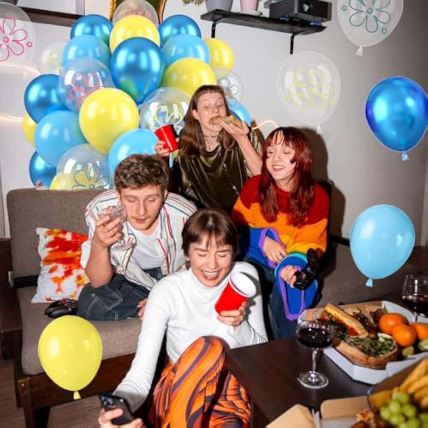 Blue And Yellow Balloons,50Pcs 12 Inch Flower Bubble Printed Metallic Blue Yellow Balloons With Ribbon,For Birthday Theme Party Decorations