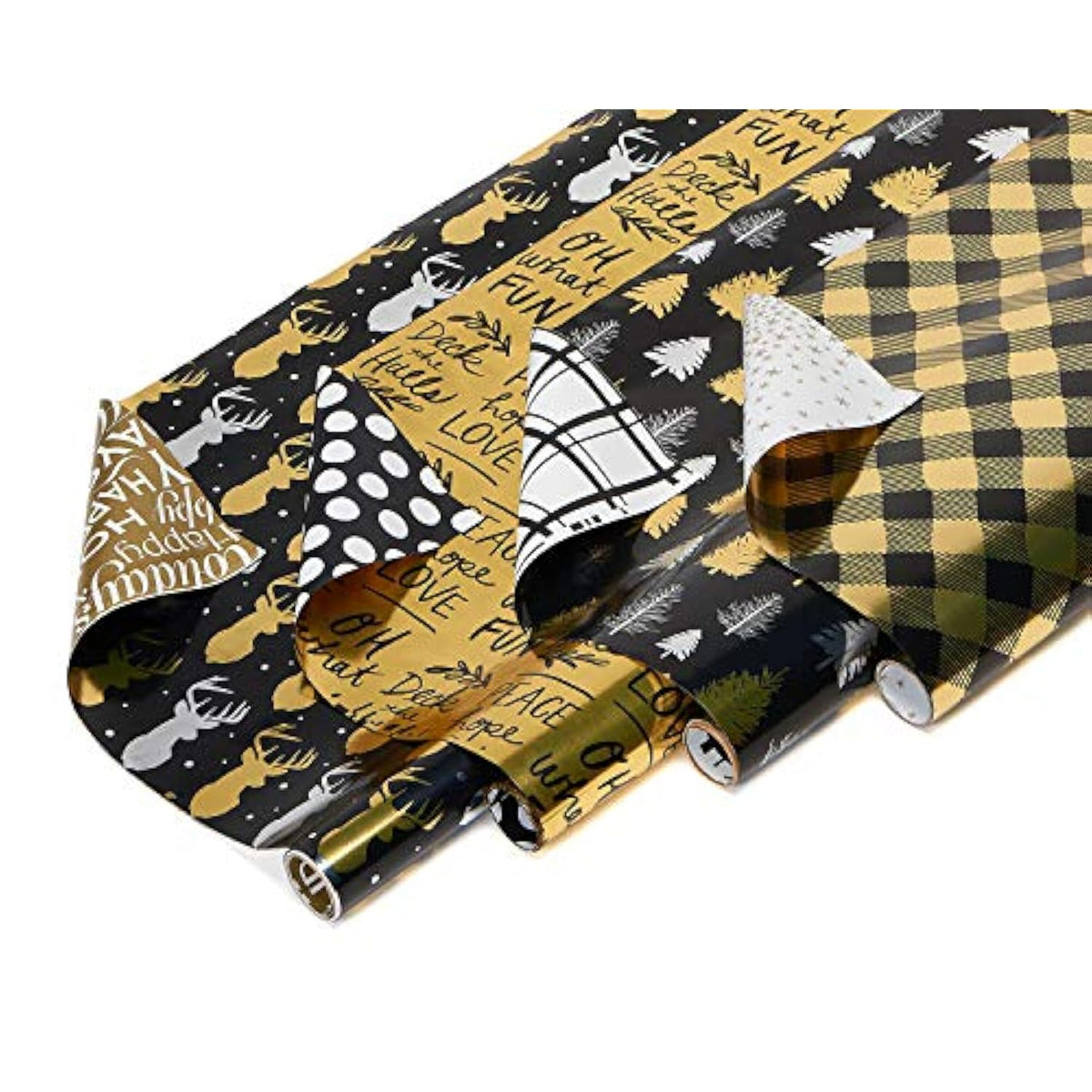 American Greetings Reversible Christmas Foil Wrapping Paper, Black and Gold, Plaid, Trees and Reindeer (4 Pack, 30", 80 sq. ft.)