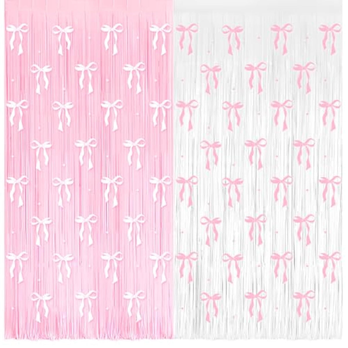 4 Pack Pink Bow Party Backdrop Decoration Pink Bow Foil Fringe Curtains For Girls Bow Birthday Baby Shower Decorations Bridal Shower Bachelorette Party Decor Supplies 3.2Ft X 8.2Ft