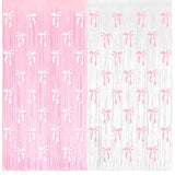 4 Pack Pink Bow Party Backdrop Decoration Pink Bow Foil Fringe Curtains For Girls Bow Birthday Baby Shower Decorations Bridal Shower Bachelorette Party Decor Supplies 3.2Ft X 8.2Ft